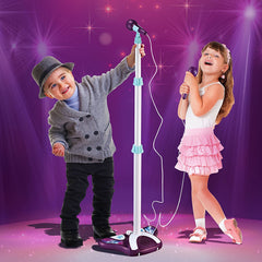 Kids Karaoke Machine with 2 Microphones & Adjustable Stand, Music Sing Along with Flashing Stage Lights and Pedals for Fun Musical Effects